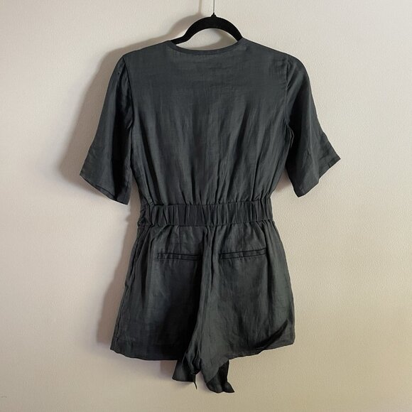 Banana Republic Women 00 Petite Green Slate Tie Waist Short Sleeve Ramie Romper - Picture 13 of 14